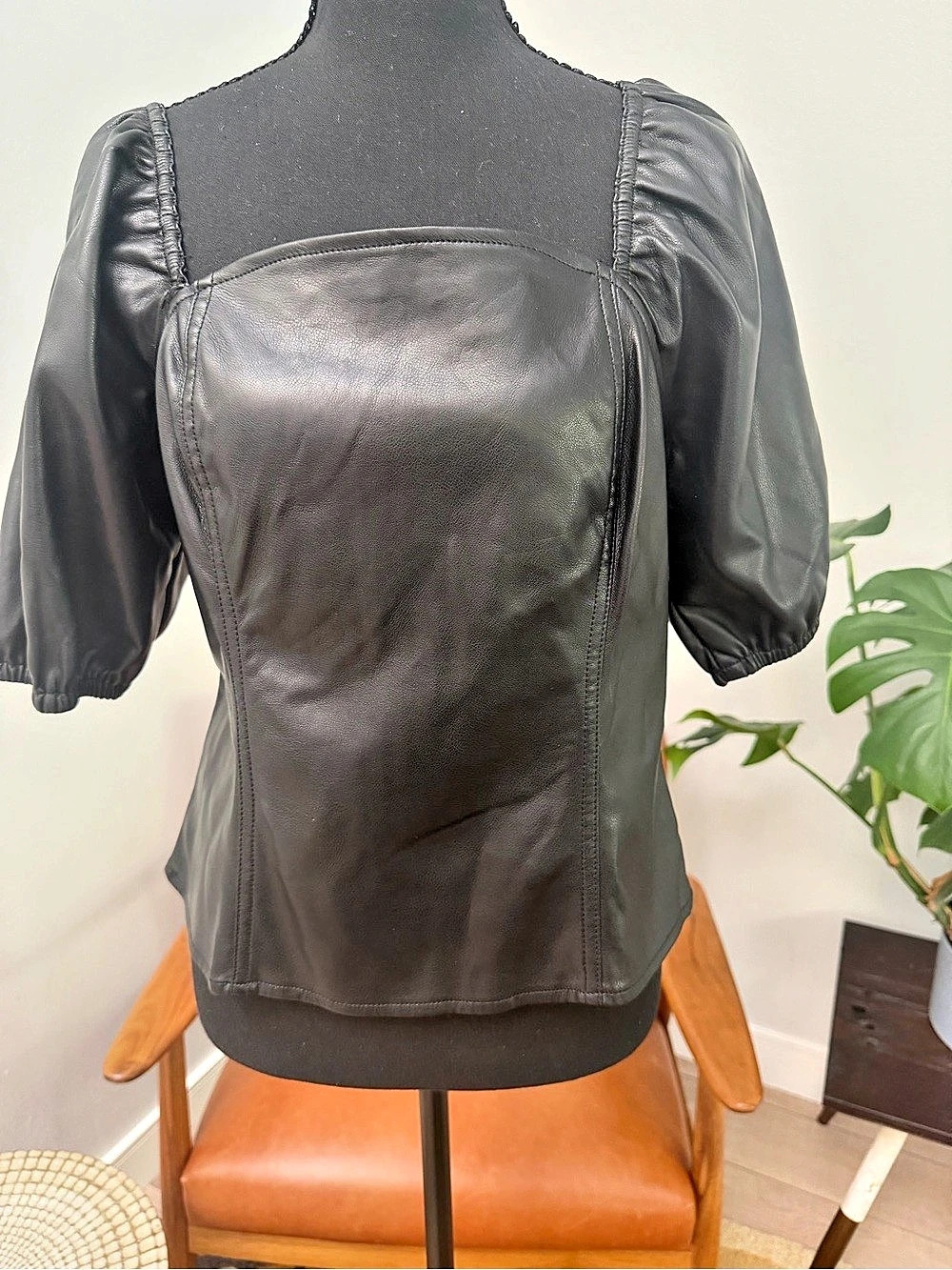 Marc New York Black Leather-Look Puff Sleeve Top Size Medium NWT